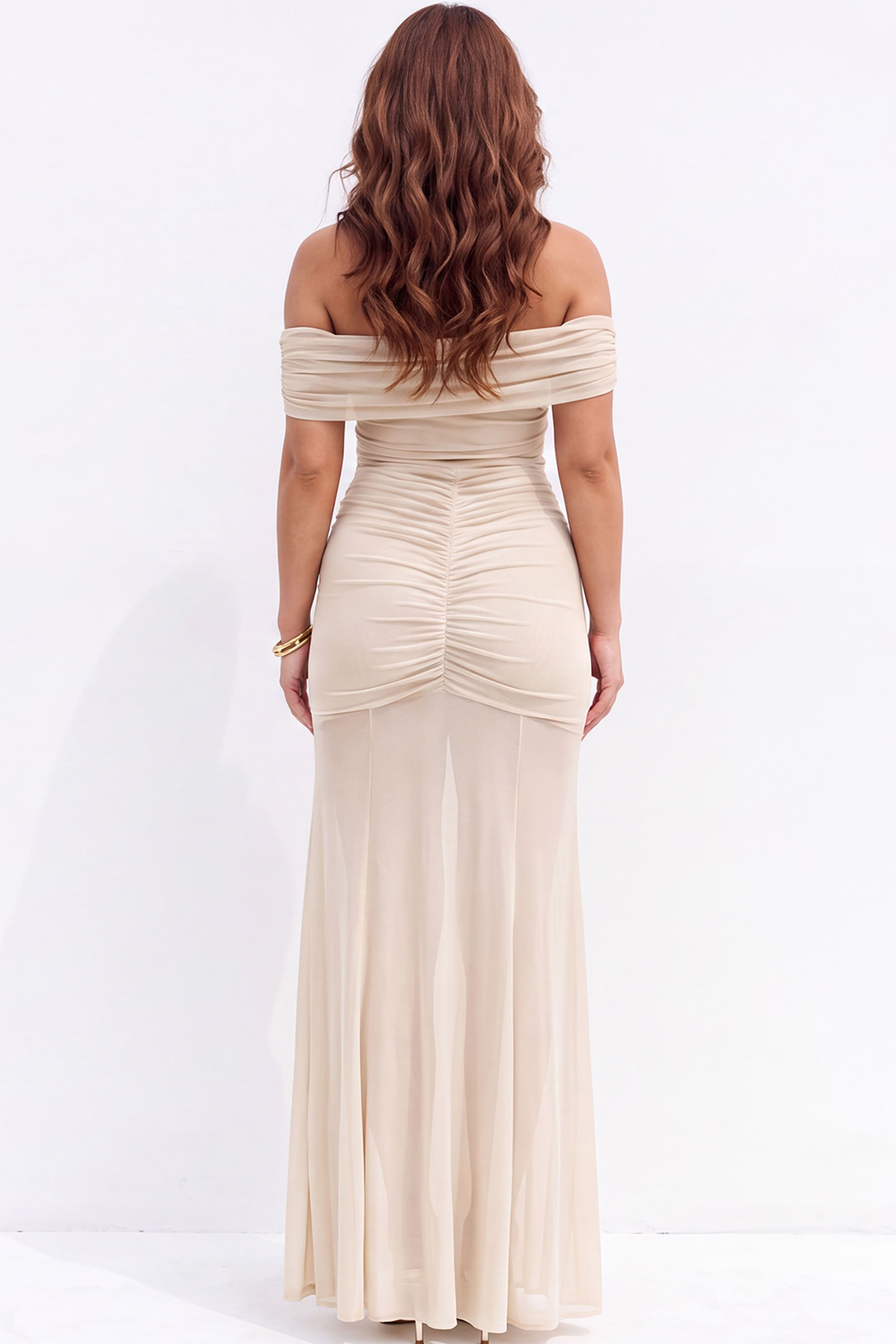 Plus Size Beige Off the Shoulder Maxi Formal Dress with Side Slit