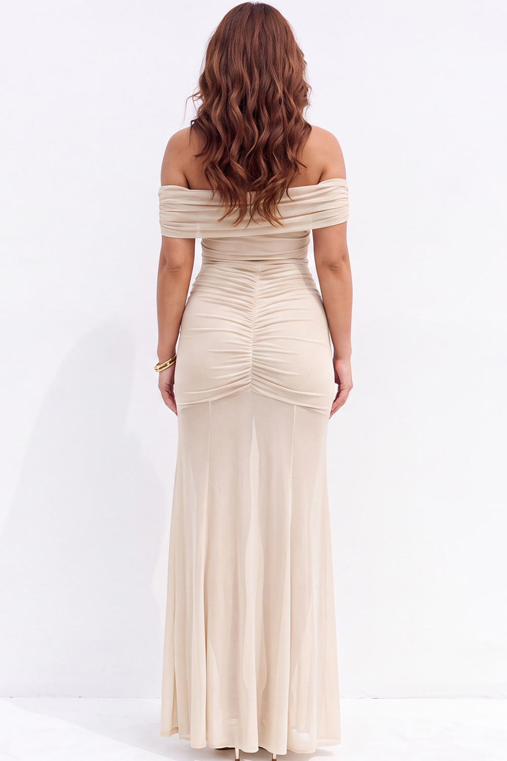 Plus Size Beige Off the Shoulder Maxi Formal Dress with Side Slit