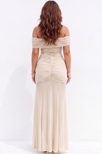 Plus Size Beige Off the Shoulder Maxi Formal Dress with Side Slit