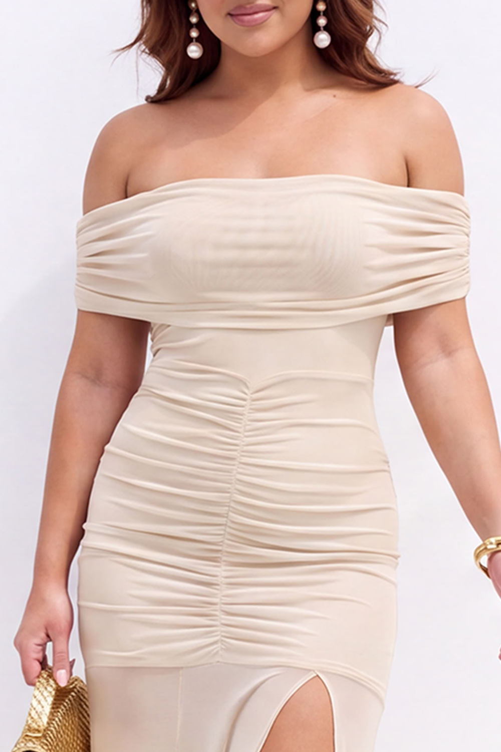 Plus Size Beige Off the Shoulder Maxi Formal Dress with Side Slit