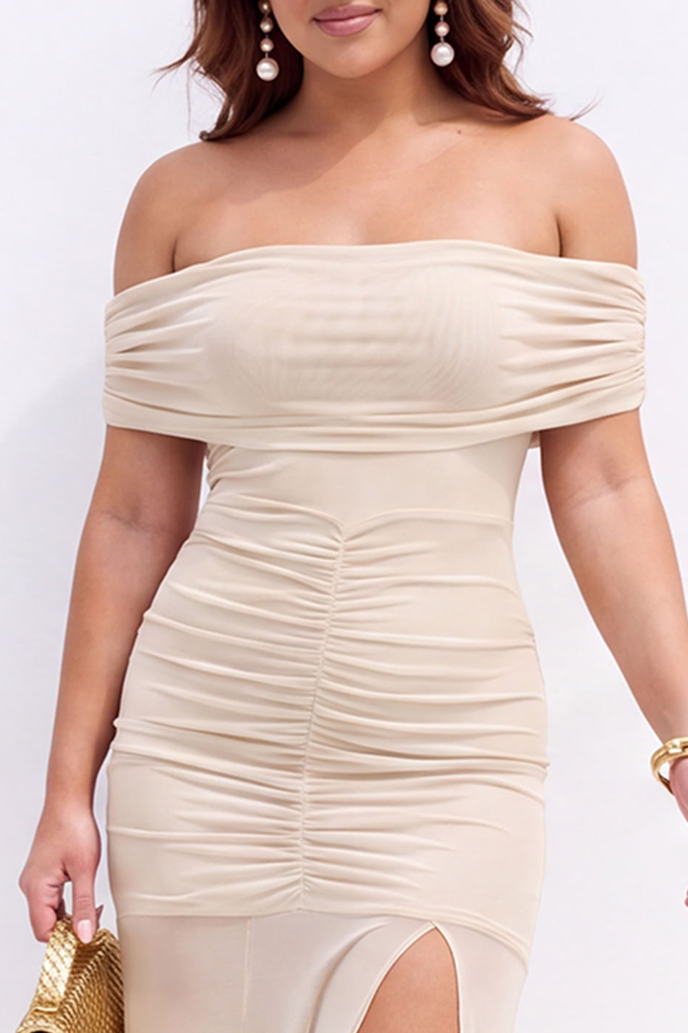 Plus Size Beige Off the Shoulder Maxi Formal Dress with Side Slit