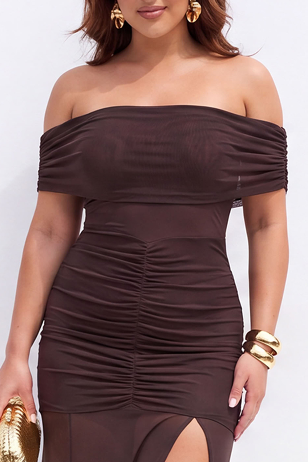 Plus Size Beige Off the Shoulder Maxi Formal Dress with Side Slit