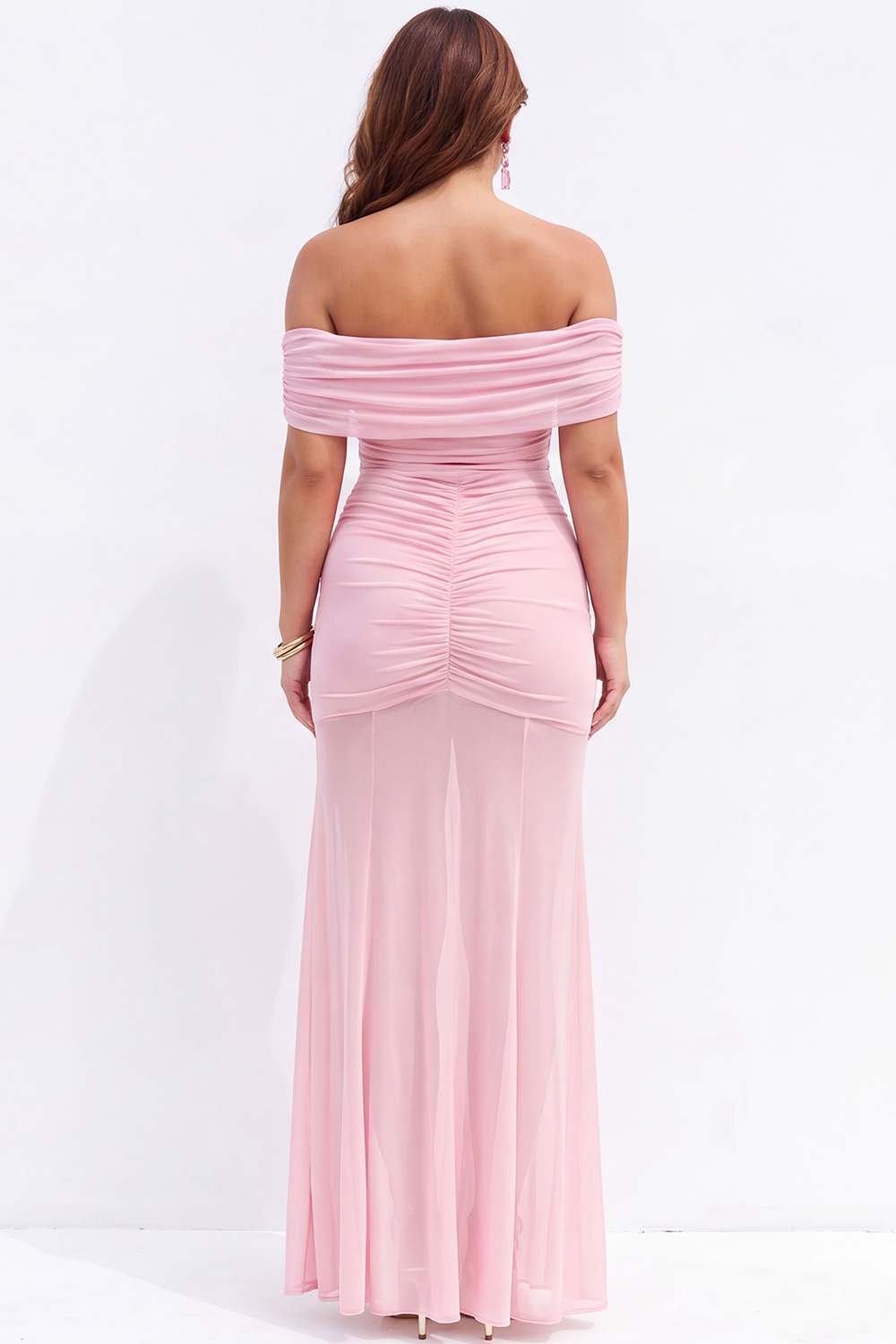Plus Size Beige Off the Shoulder Maxi Formal Dress with Side Slit