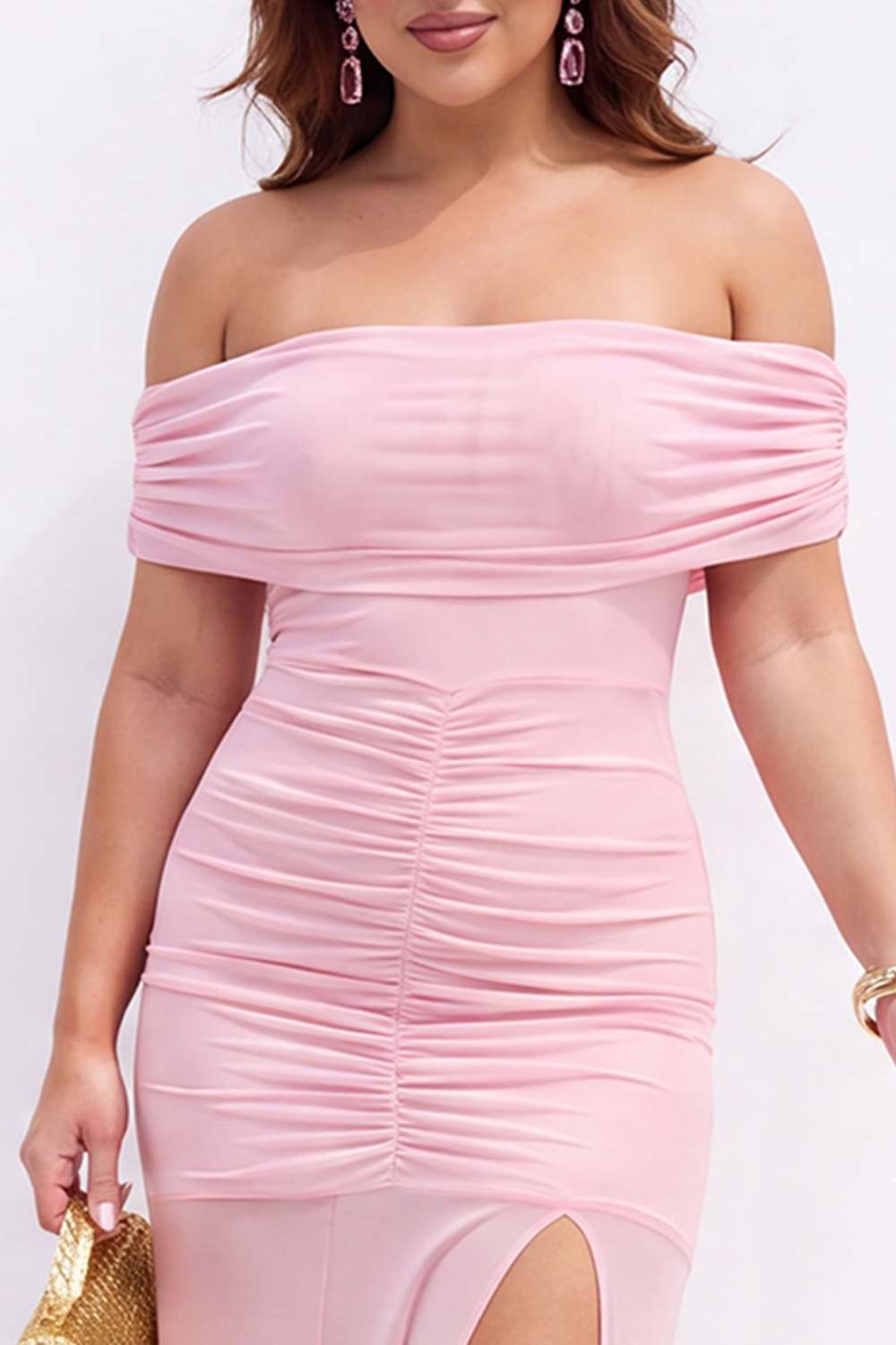 Plus Size Beige Off the Shoulder Maxi Formal Dress with Side Slit