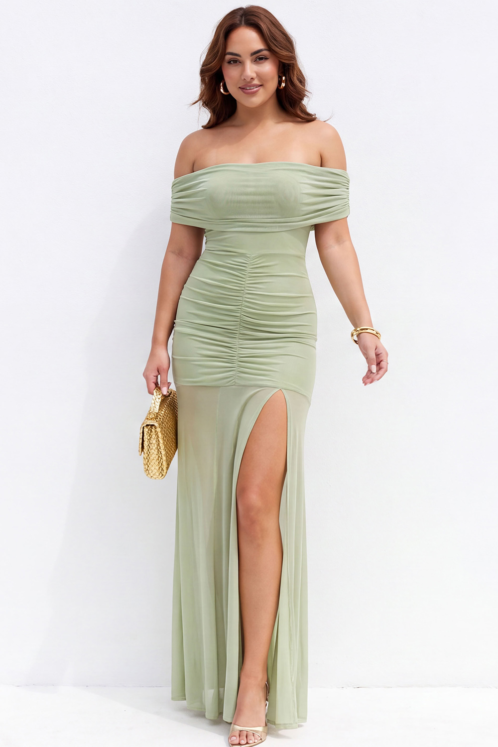 Plus Size Beige Off the Shoulder Maxi Formal Dress with Side Slit