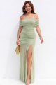 Plus Size Beige Off the Shoulder Ruched Formal Dress with Slit