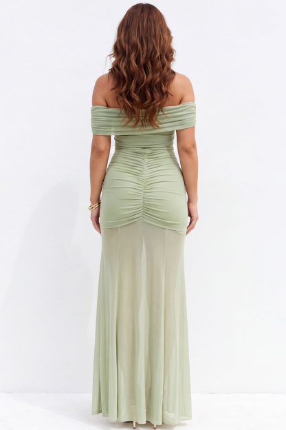 Plus Size Beige Off the Shoulder Maxi Formal Dress with Side Slit