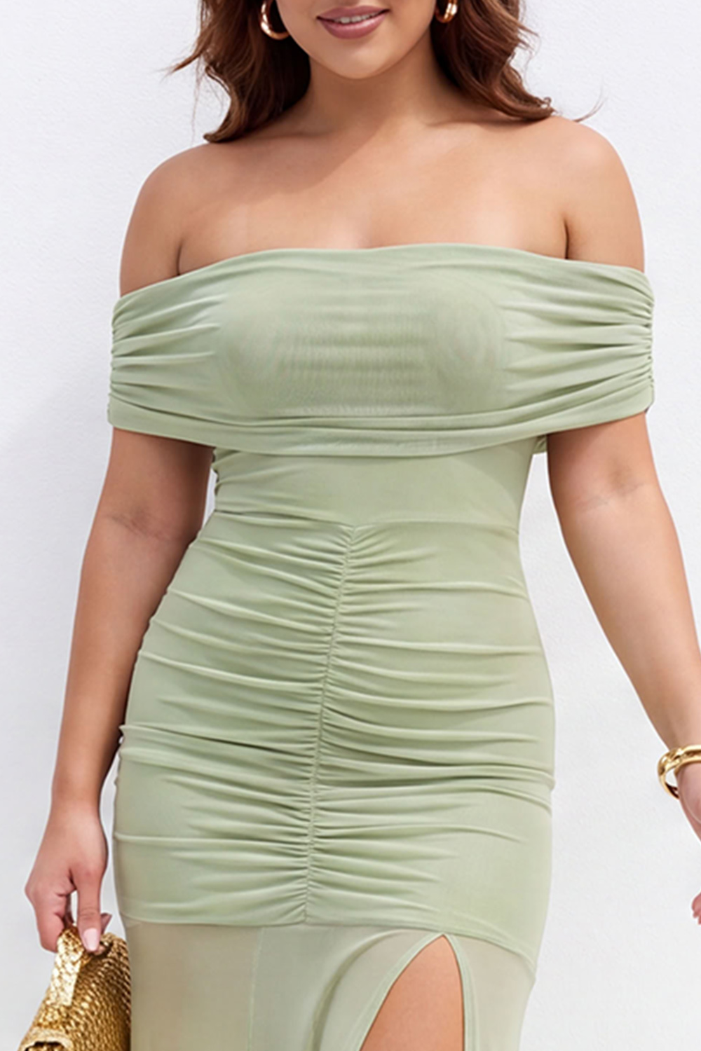 Plus Size Beige Off the Shoulder Maxi Formal Dress with Side Slit
