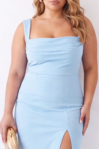 Black Square Neck Maxi Plus Size Formal Dress with Slit