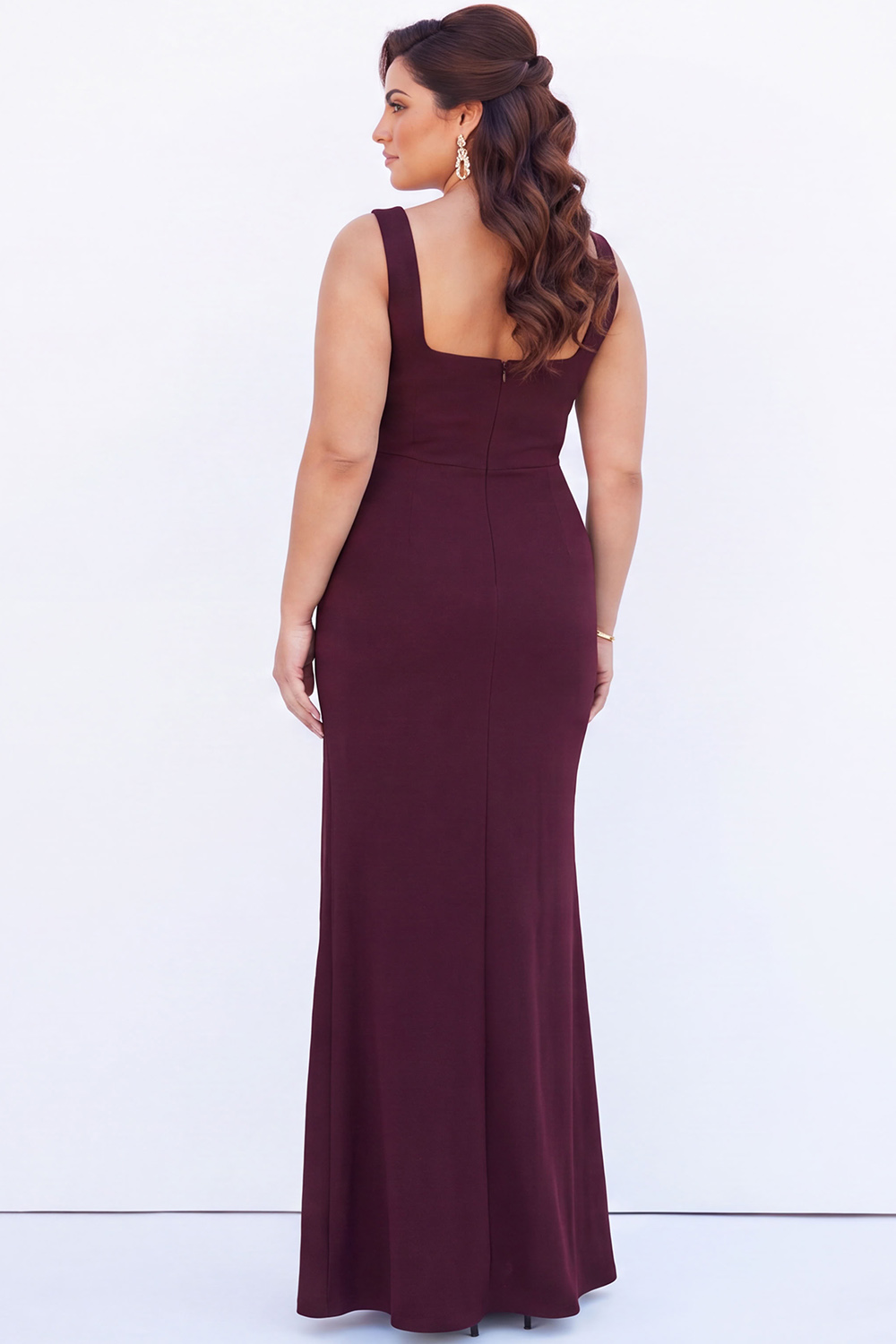Burgundy Plus Size Square Neck Formal Dress with Side Slit