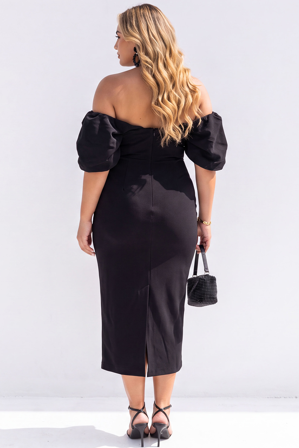 Plus Size Black Pencil Off the Shoulder Puff Sleeves Midi Dress
