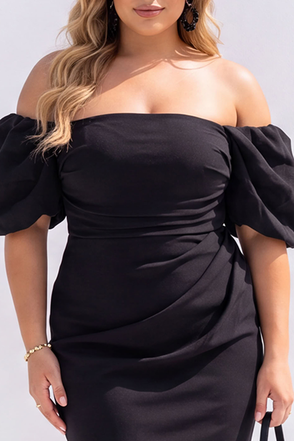 Plus Size Black Pencil Off the Shoulder Puff Sleeves Midi Dress