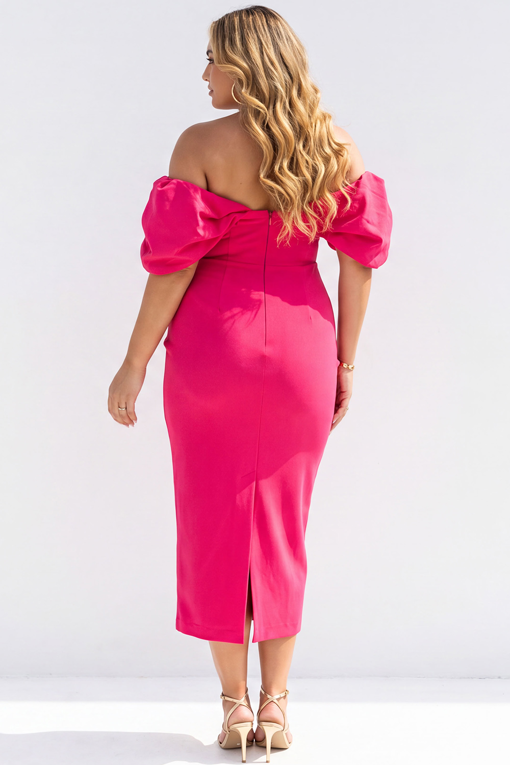 Plus Size Black Pencil Off the Shoulder Puff Sleeves Midi Dress
