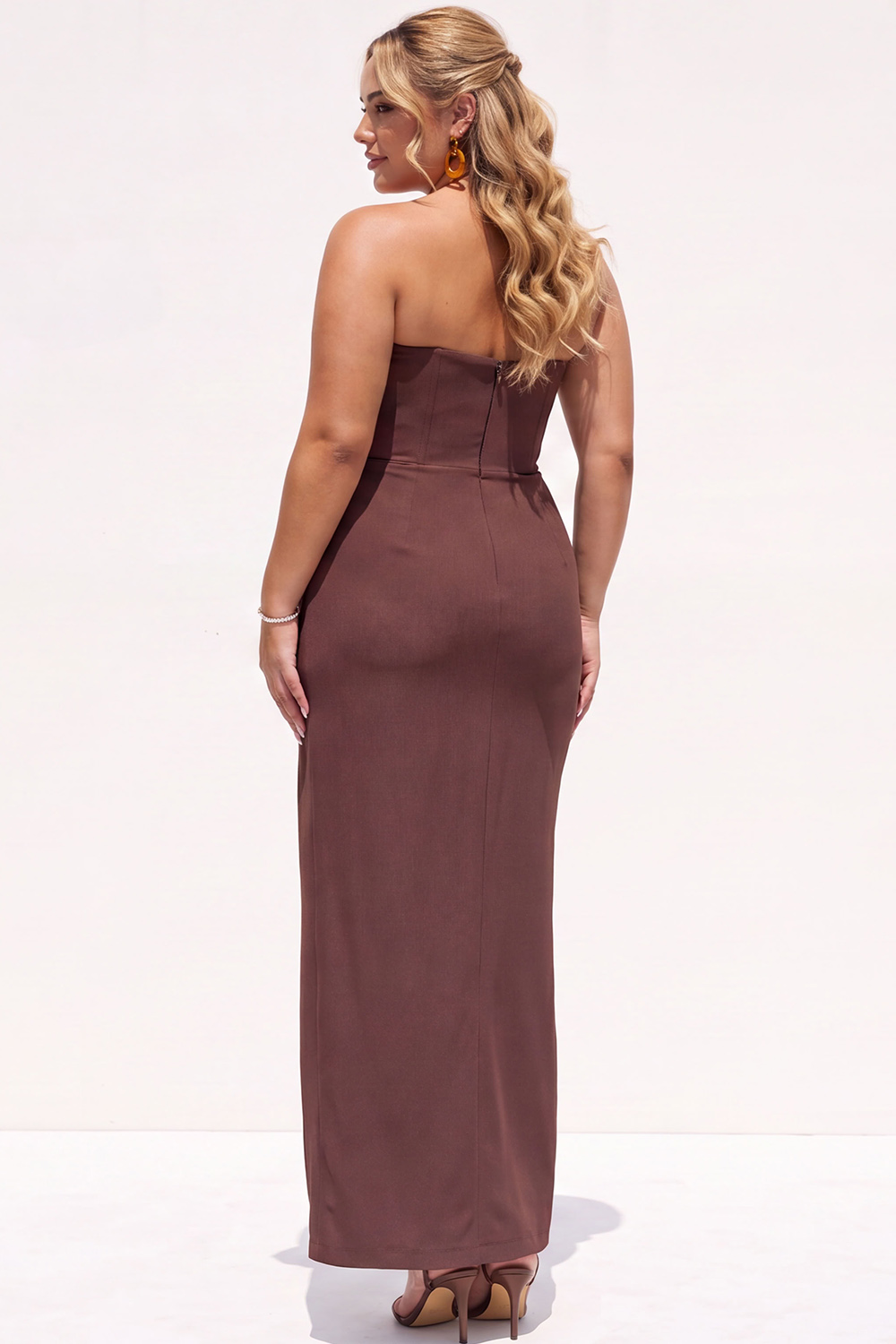 Plus Size Chocolate Corset Sheath Strapless Maxi Formal Dress with Slit