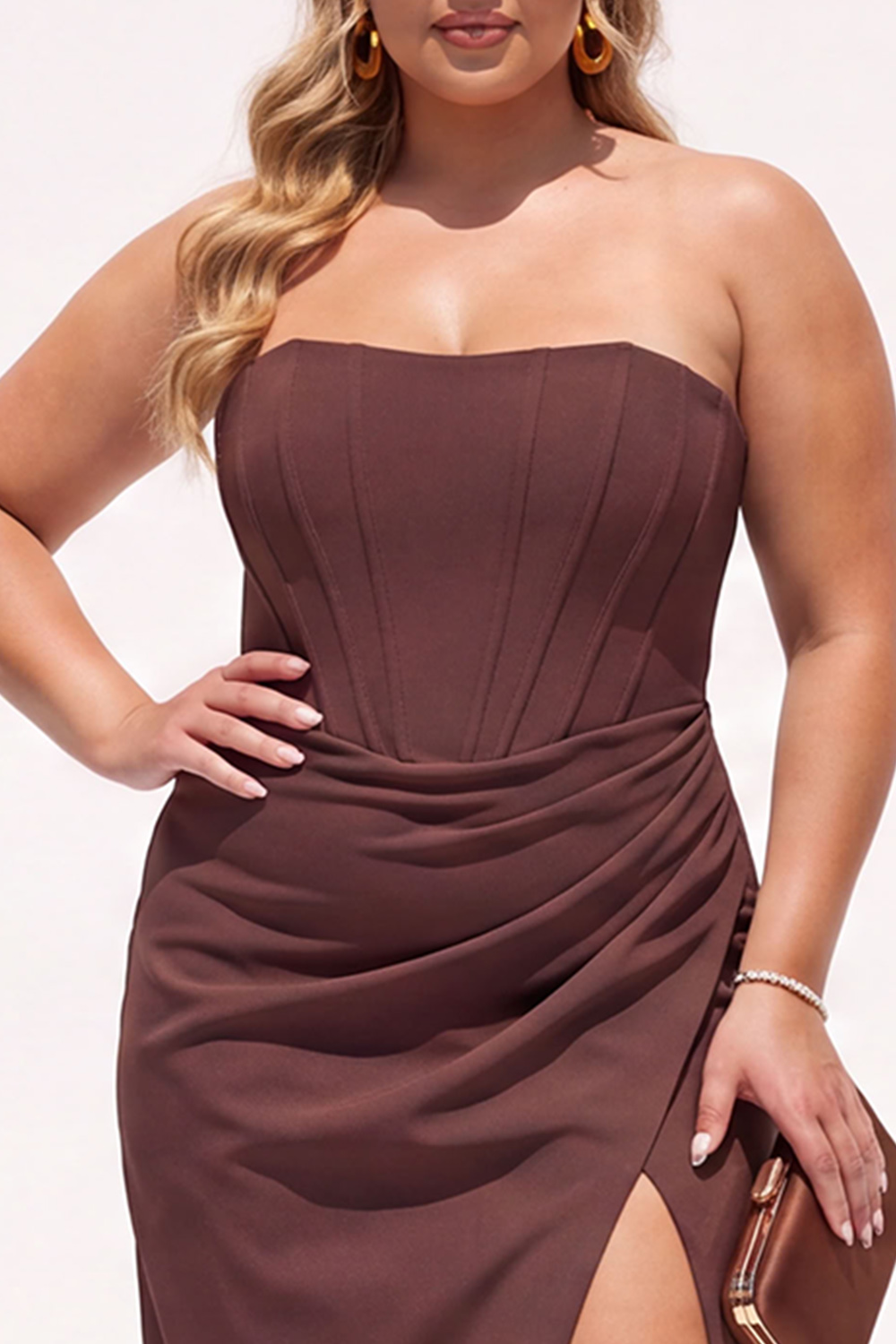 Plus Size Chocolate Corset Sheath Strapless Maxi Formal Dress with Slit