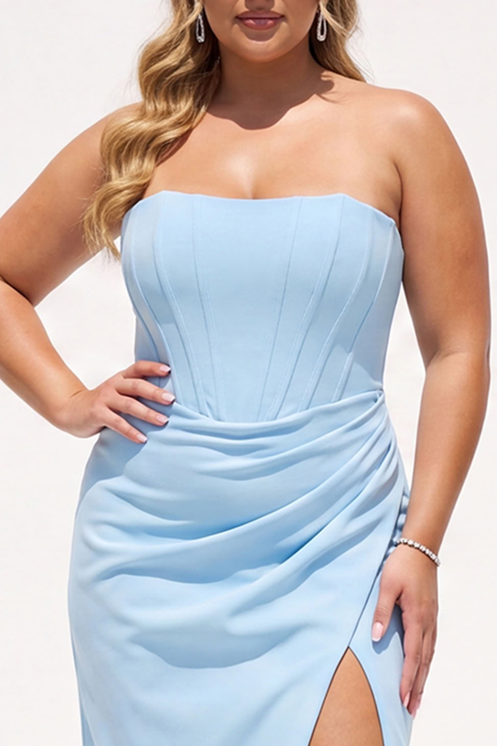 Plus Size Chocolate Corset Sheath Strapless Maxi Formal Dress with Slit