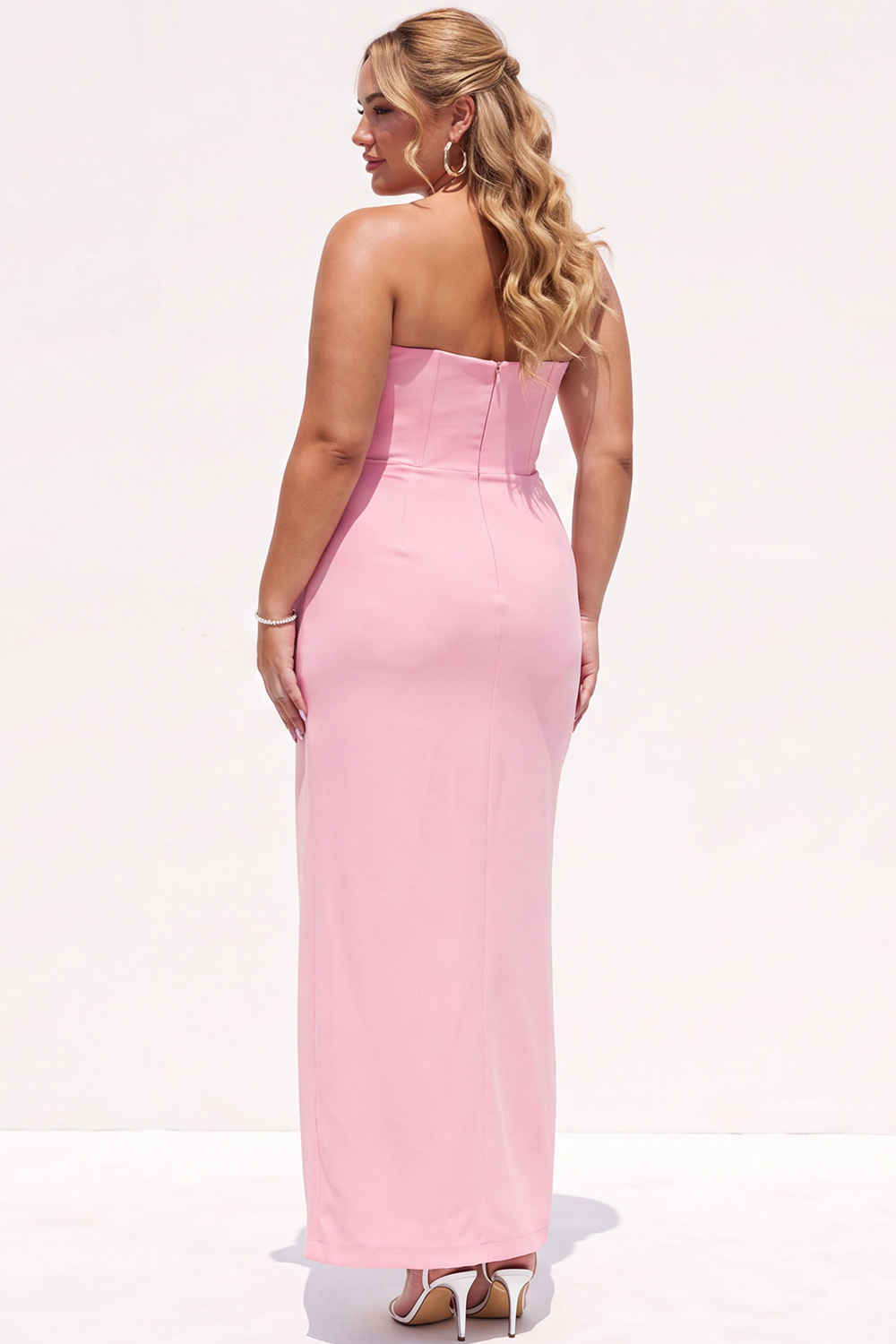 Plus Size Chocolate Corset Sheath Strapless Maxi Formal Dress with Slit
