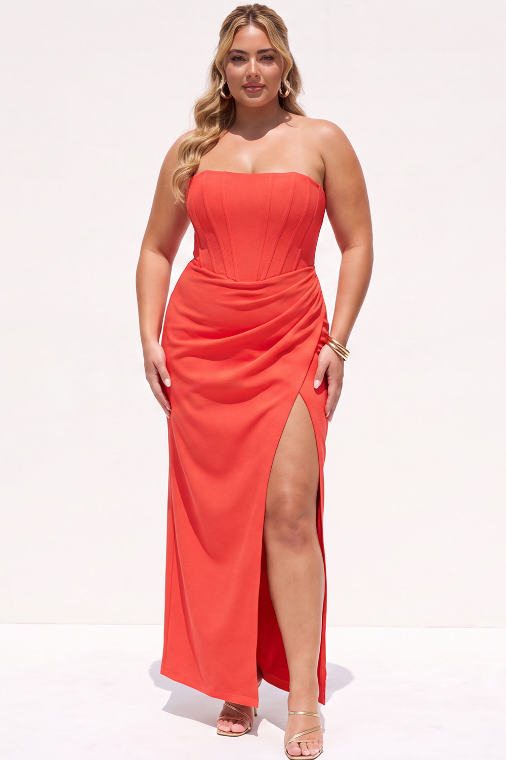 Dressself Women Chocolate Maxi Formal Dress Plus Size Strapless Sleeveless Ruched Evening Dress with Side Slit