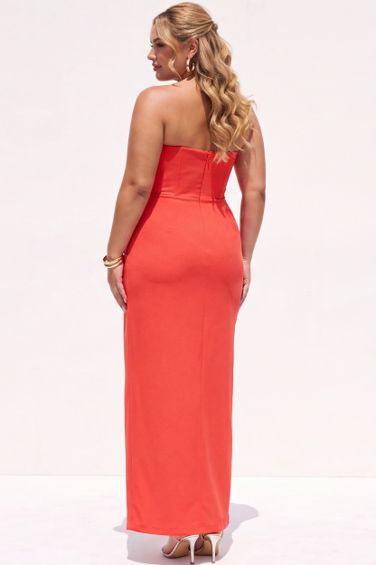 Plus Size Chocolate Corset Sheath Strapless Maxi Formal Dress with Slit