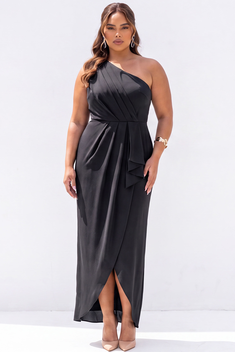 Plus Size Black Sheath One Shoulder Maxi Formal Dress