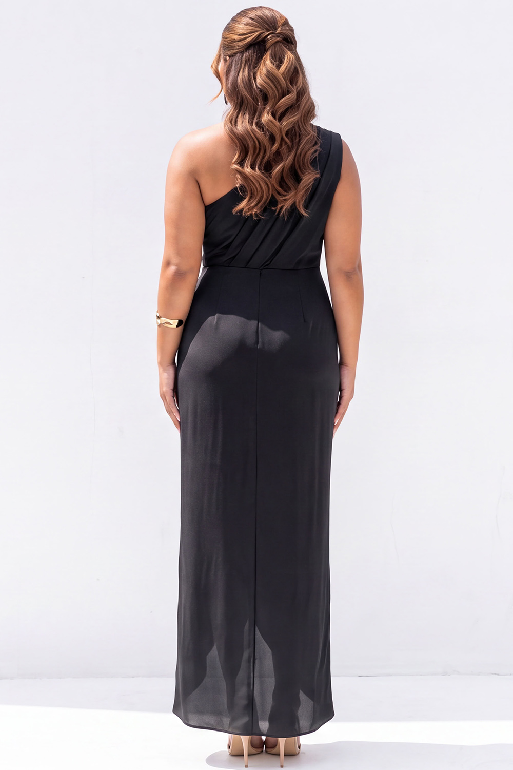 Plus Size Black Sheath One Shoulder Maxi Formal Dress