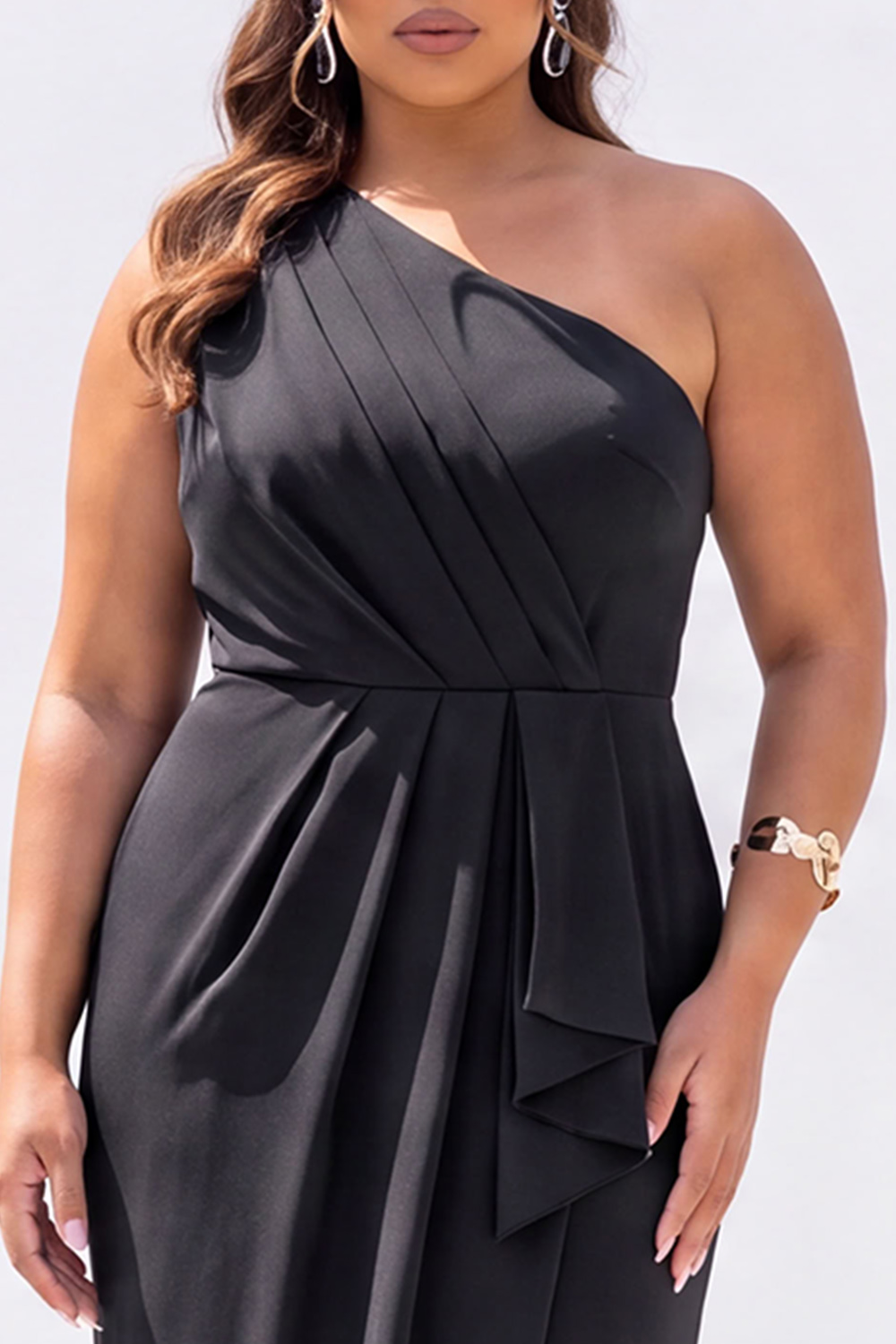 Plus Size Black Sheath One Shoulder Maxi Formal Dress