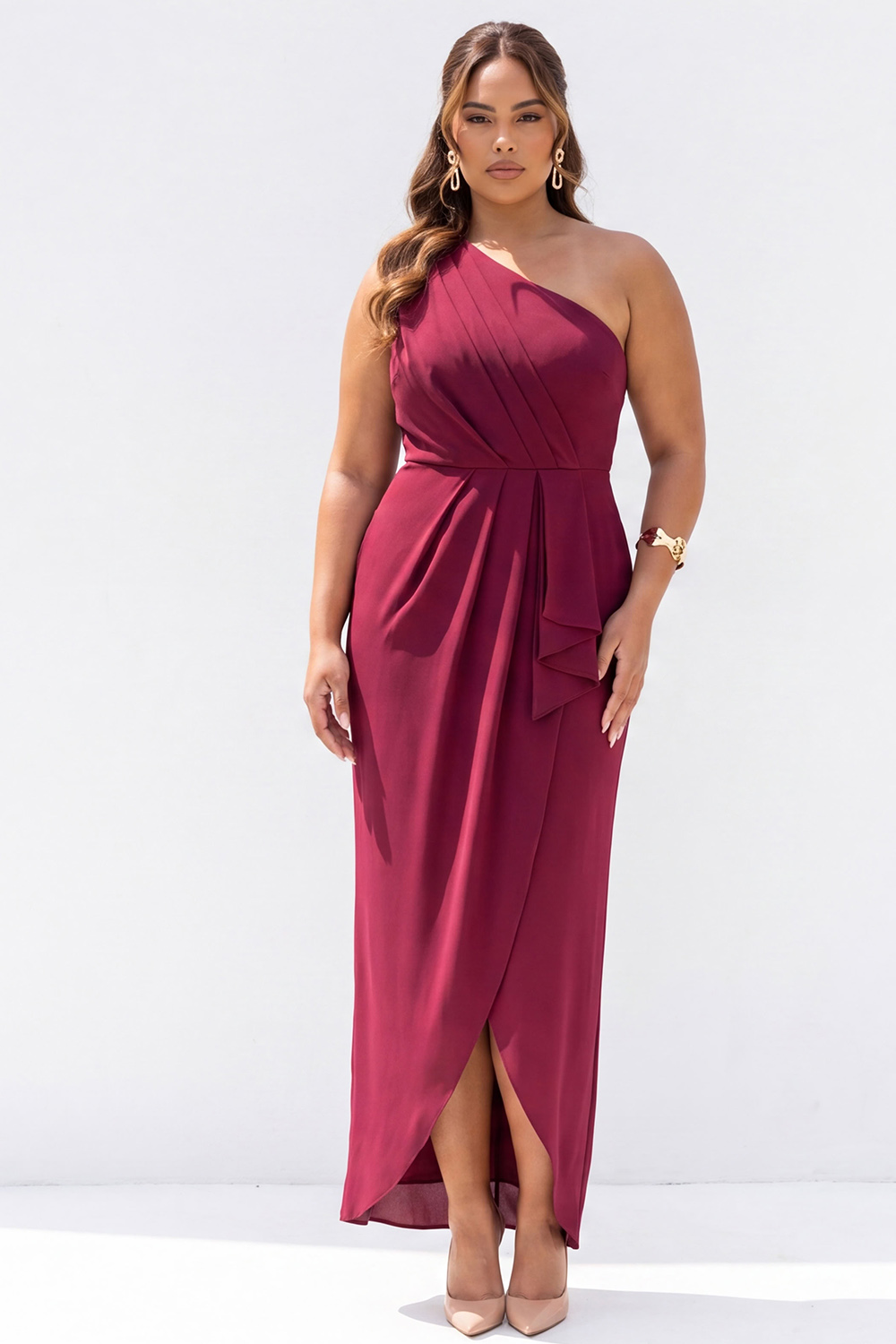 Dressself Women Plus Size Black Ankle-Length Formal Dress Sheath One Shoulder Ruched Semi-Formal Dress with Slit