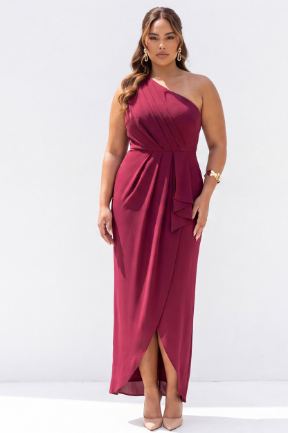 Dressself Women Plus Size Black Ankle-Length Formal Dress Sheath One Shoulder Ruched Semi-Formal Dress with Slit
