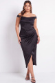 Black Corset Off the Shoulder Plus Size Midi Formal Dress with Slit