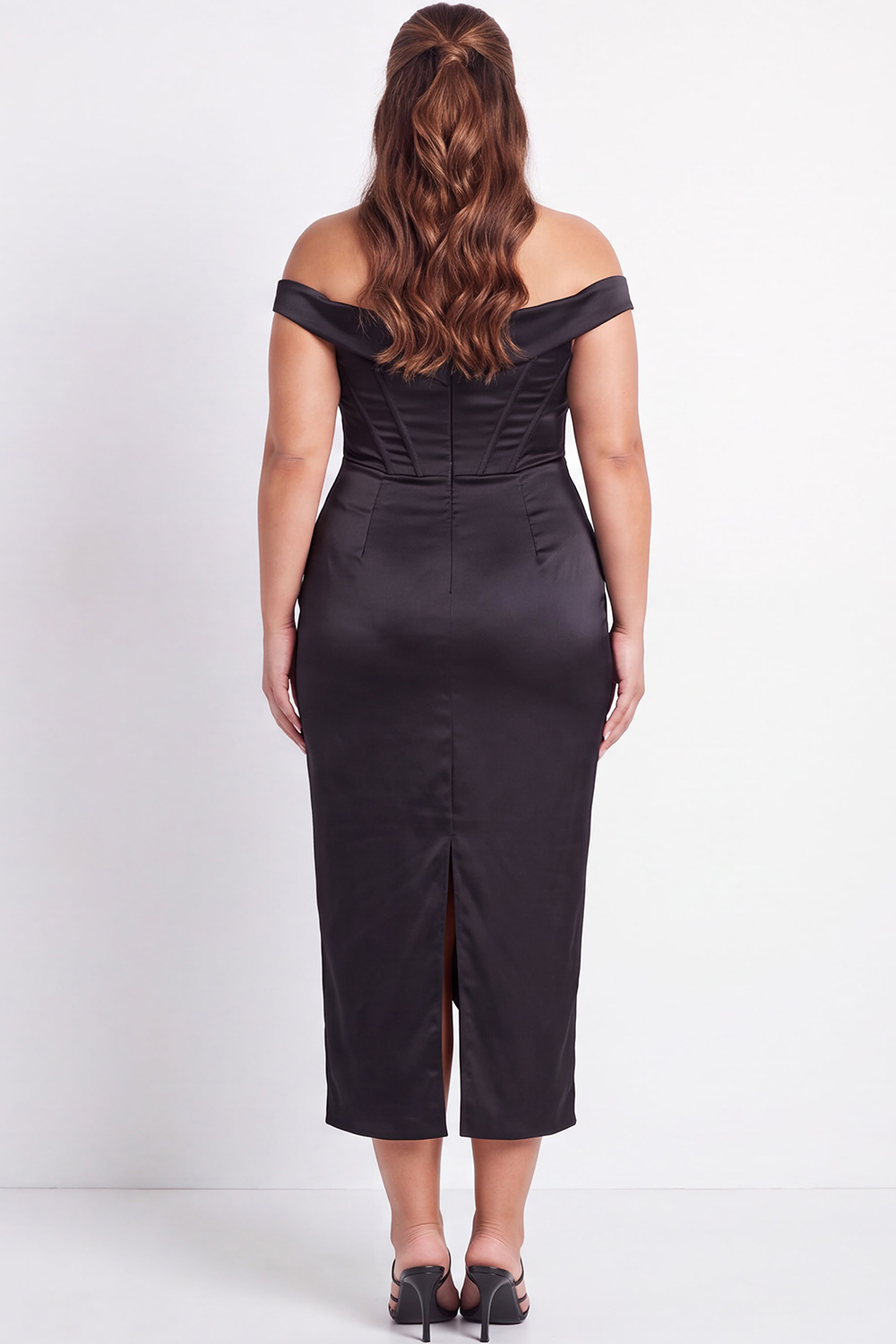 Black Corset Off the Shoulder Plus Size Midi Formal Dress with Slit