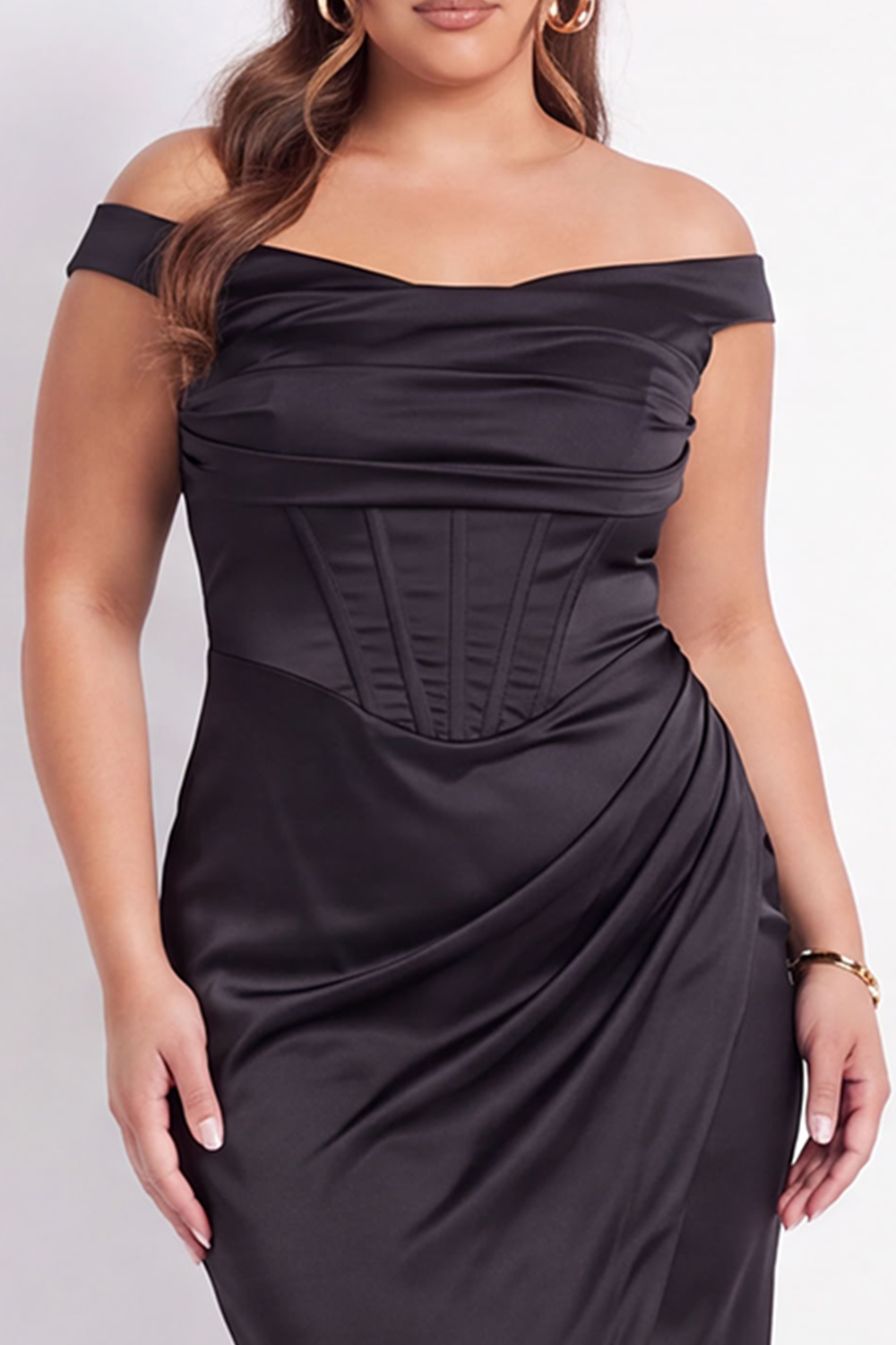 Black Corset Off the Shoulder Plus Size Midi Formal Dress with Slit