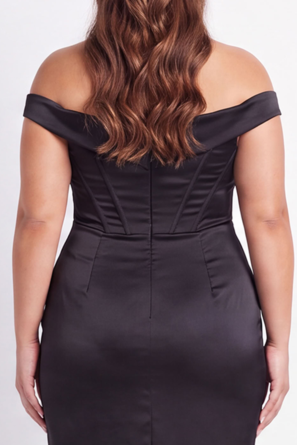 Black Corset Off the Shoulder Plus Size Midi Formal Dress with Slit