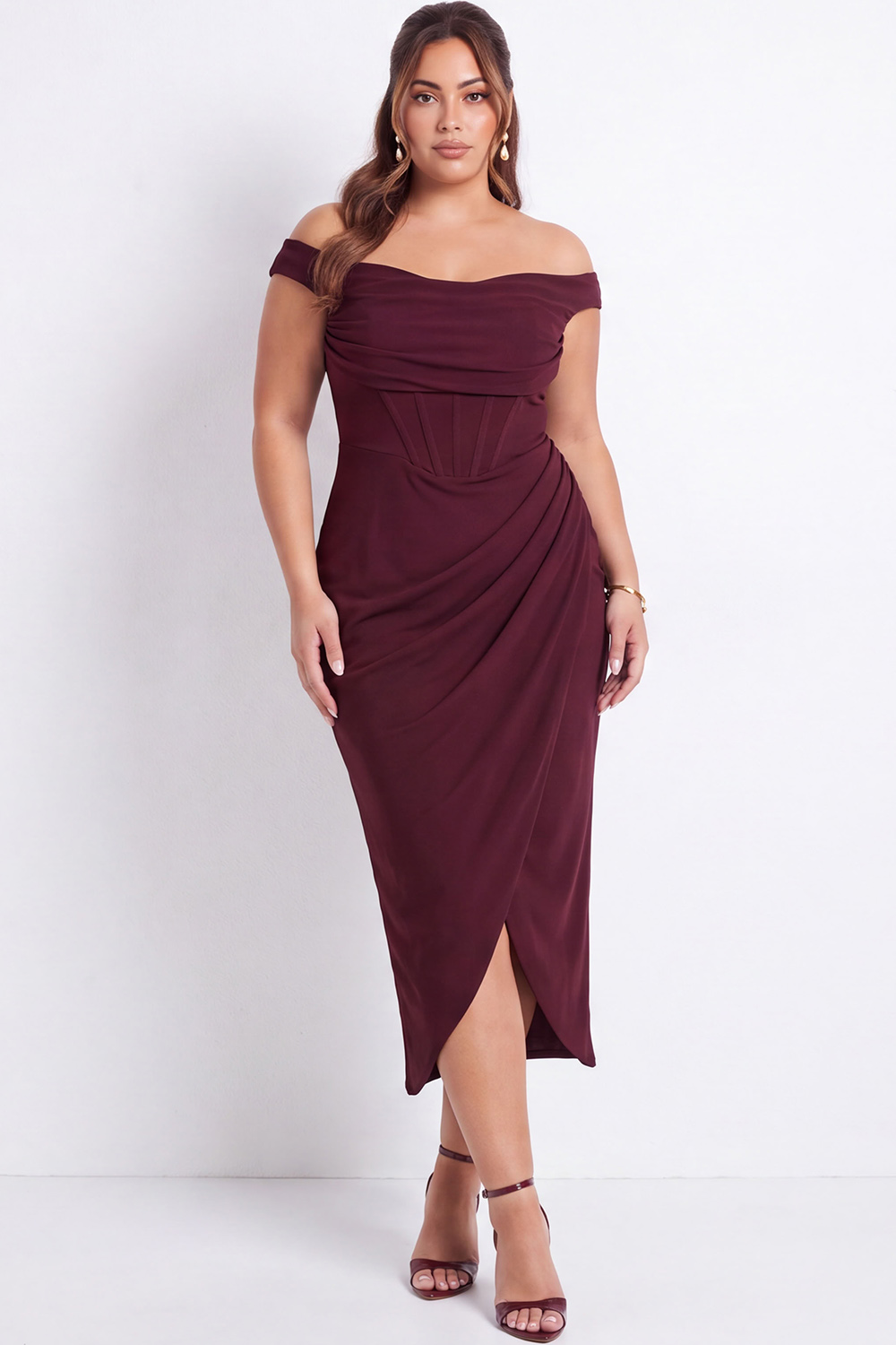 Black Corset Off the Shoulder Plus Size Midi Formal Dress with Slit