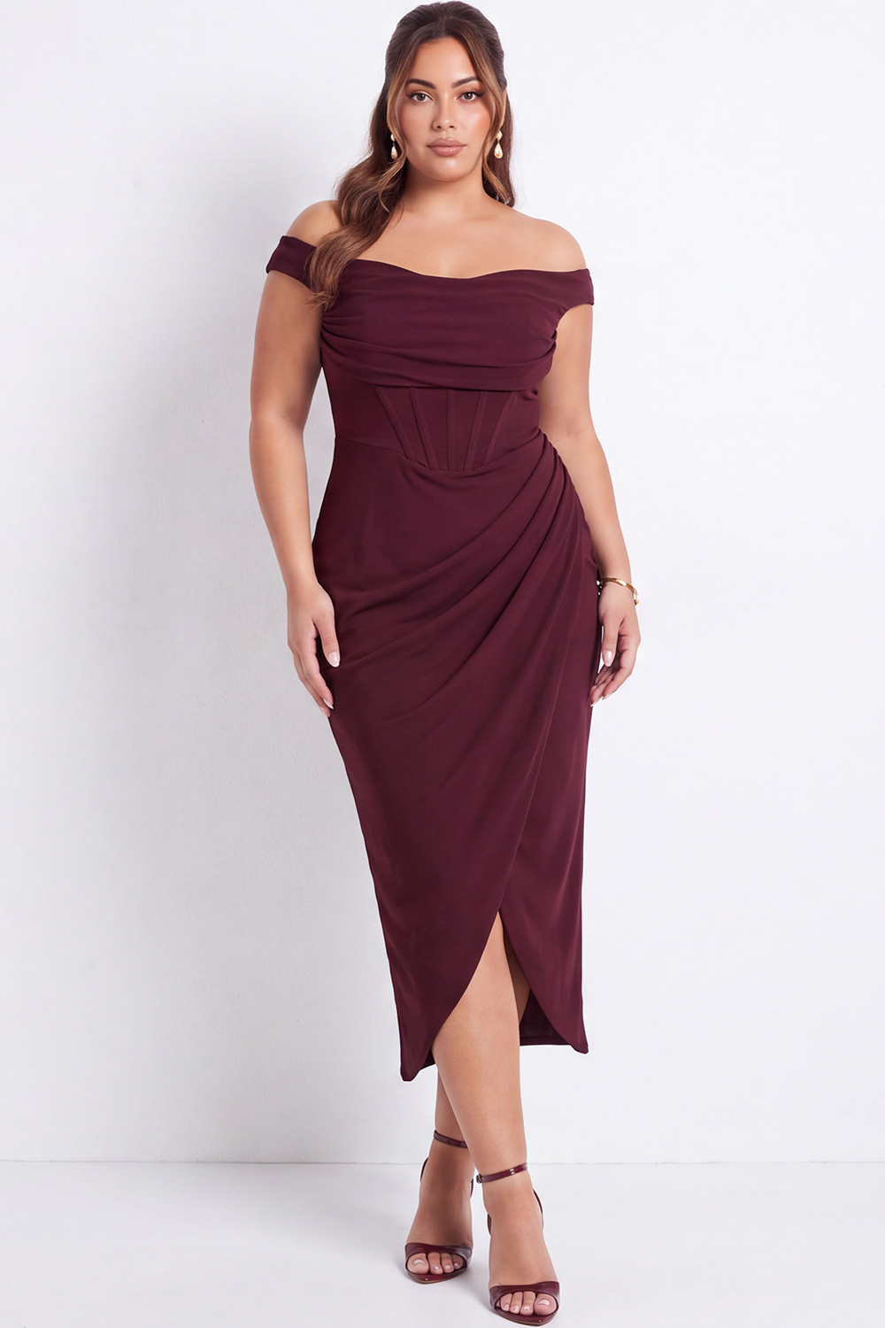 Black Corset Off the Shoulder Plus Size Midi Formal Dress with Slit