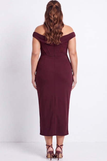 Black Corset Off the Shoulder Plus Size Midi Formal Dress with Slit