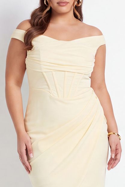 Black Corset Off the Shoulder Plus Size Midi Formal Dress with Slit