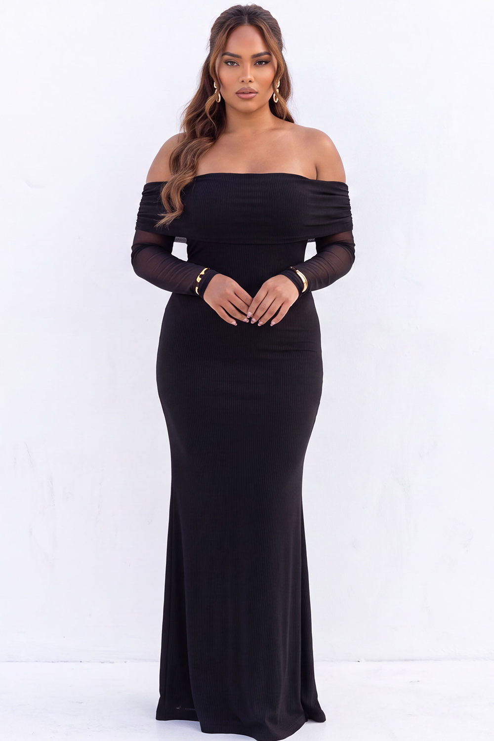 Black Mermaid Off the Shoulder Long Sleeves Maxi Plus Size Formal Dress