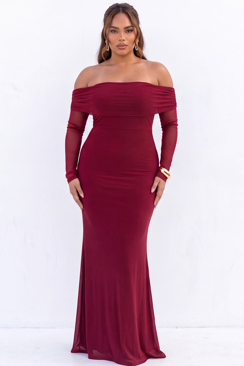 Black Mermaid Off the Shoulder Long Sleeves Maxi Plus Size Formal Dress