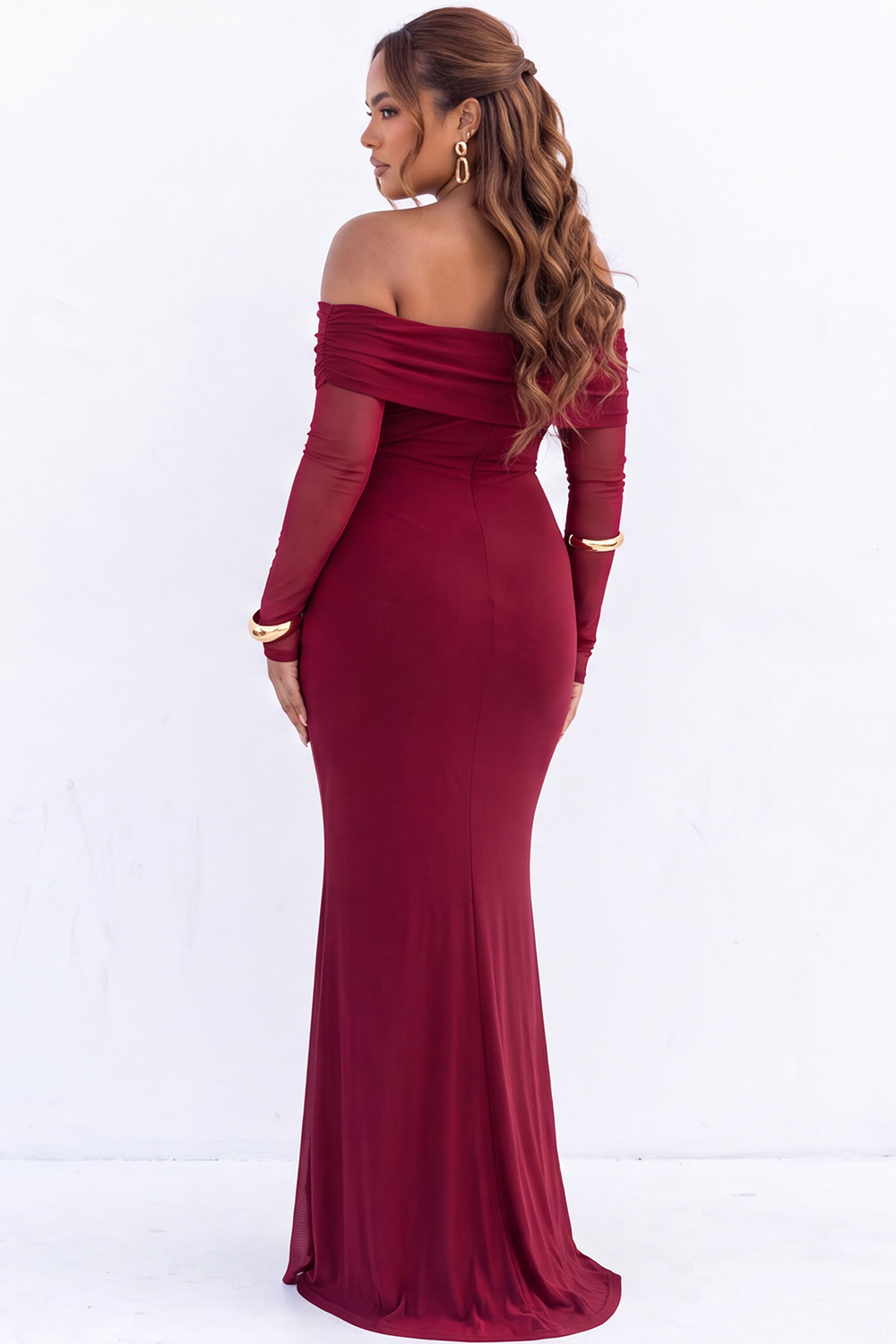 Black Mermaid Off the Shoulder Long Sleeves Maxi Plus Size Formal Dress