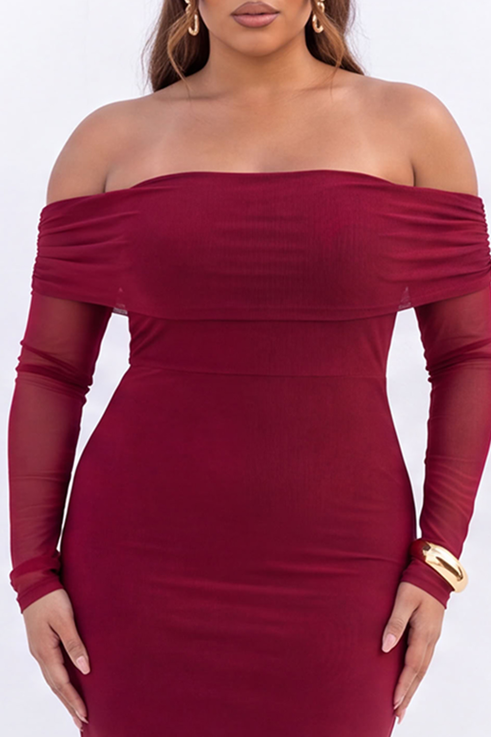 Black Mermaid Off the Shoulder Long Sleeves Maxi Plus Size Formal Dress