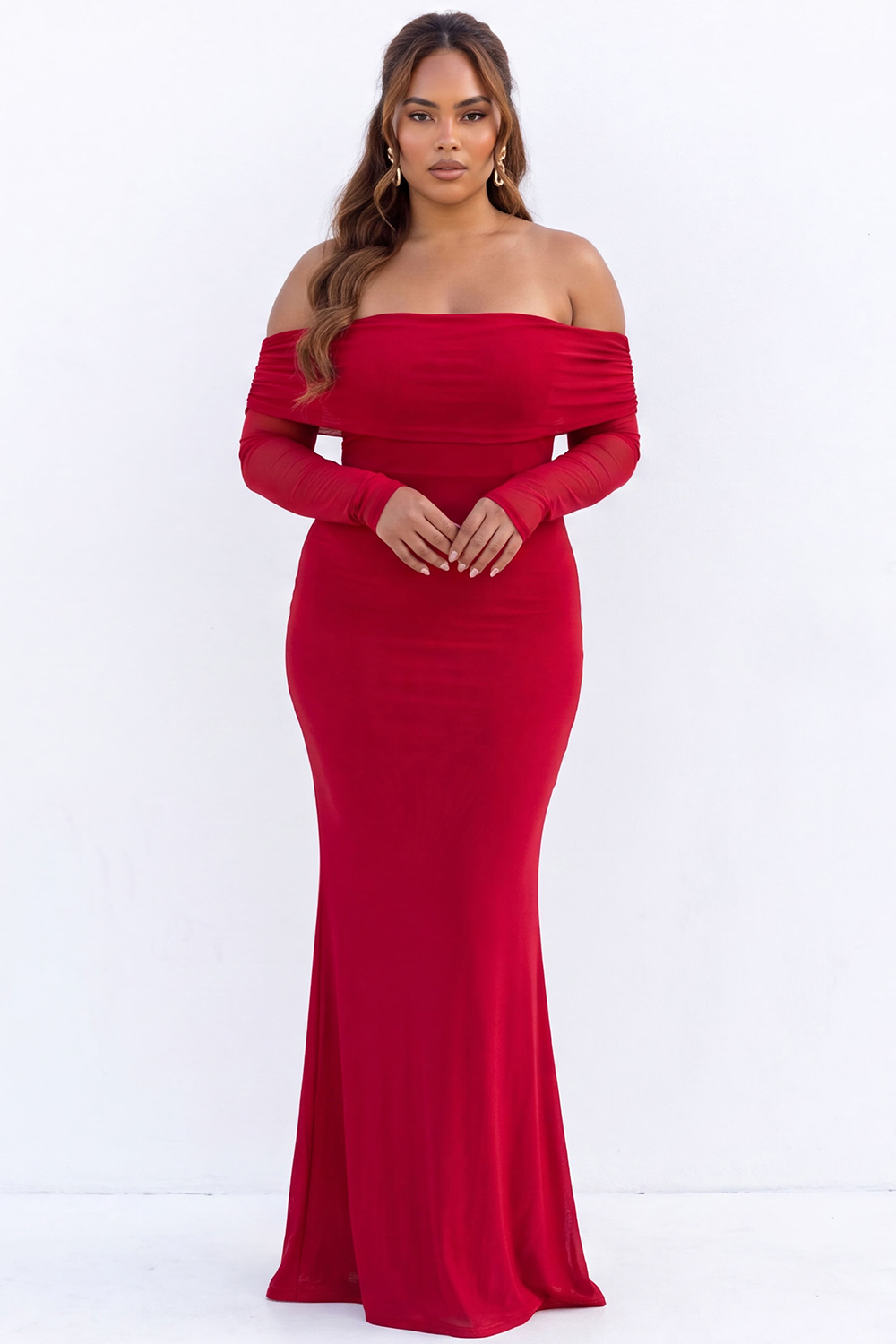 Black Mermaid Off the Shoulder Long Sleeves Maxi Plus Size Formal Dress