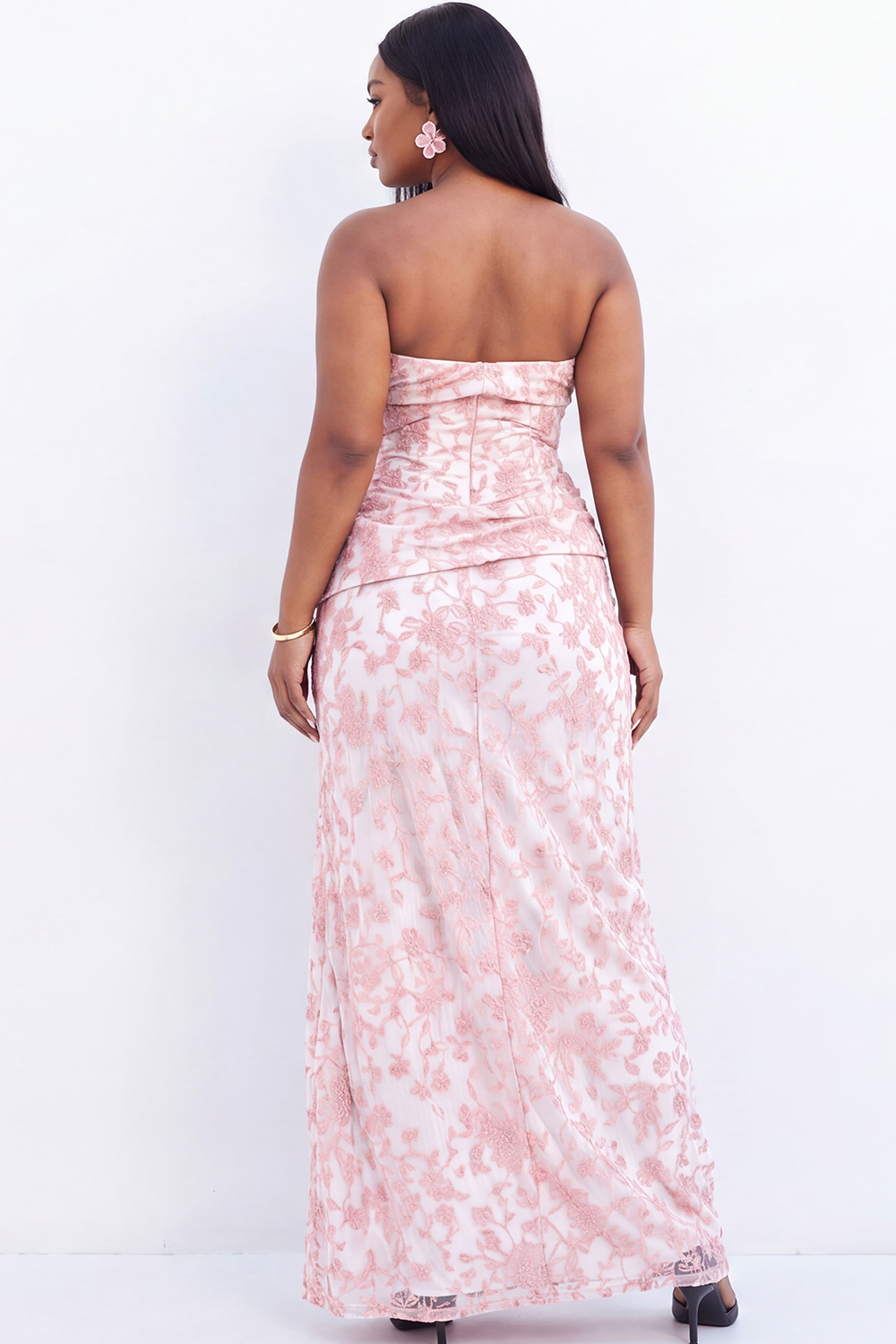 Strapless Blush Pink Floral Maxi Plus Size Maxi Dress with Side Slit