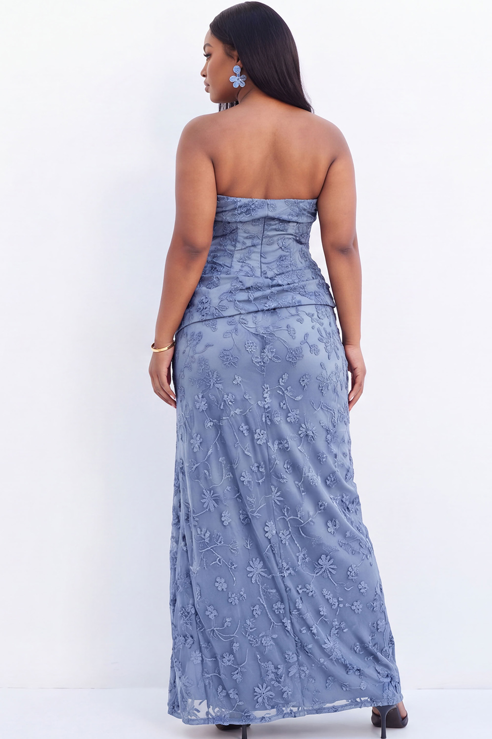 Strapless Blush Pink Floral Maxi Plus Size Maxi Dress with Side Slit