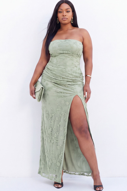 Strapless Blush Pink Floral Maxi Plus Size Maxi Dress with Side Slit