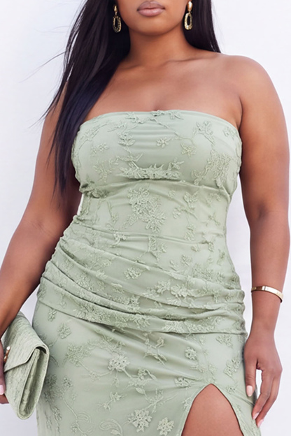 Strapless Blush Pink Floral Maxi Plus Size Maxi Dress with Side Slit