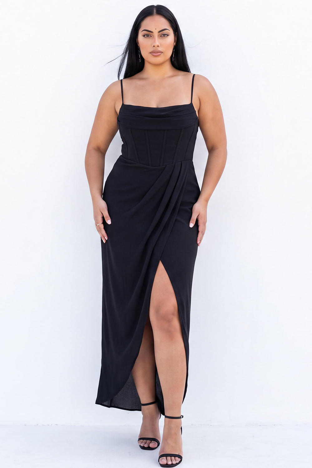 Black Corset Sheath Maxi Plus Size Formal Dress with Side Slit