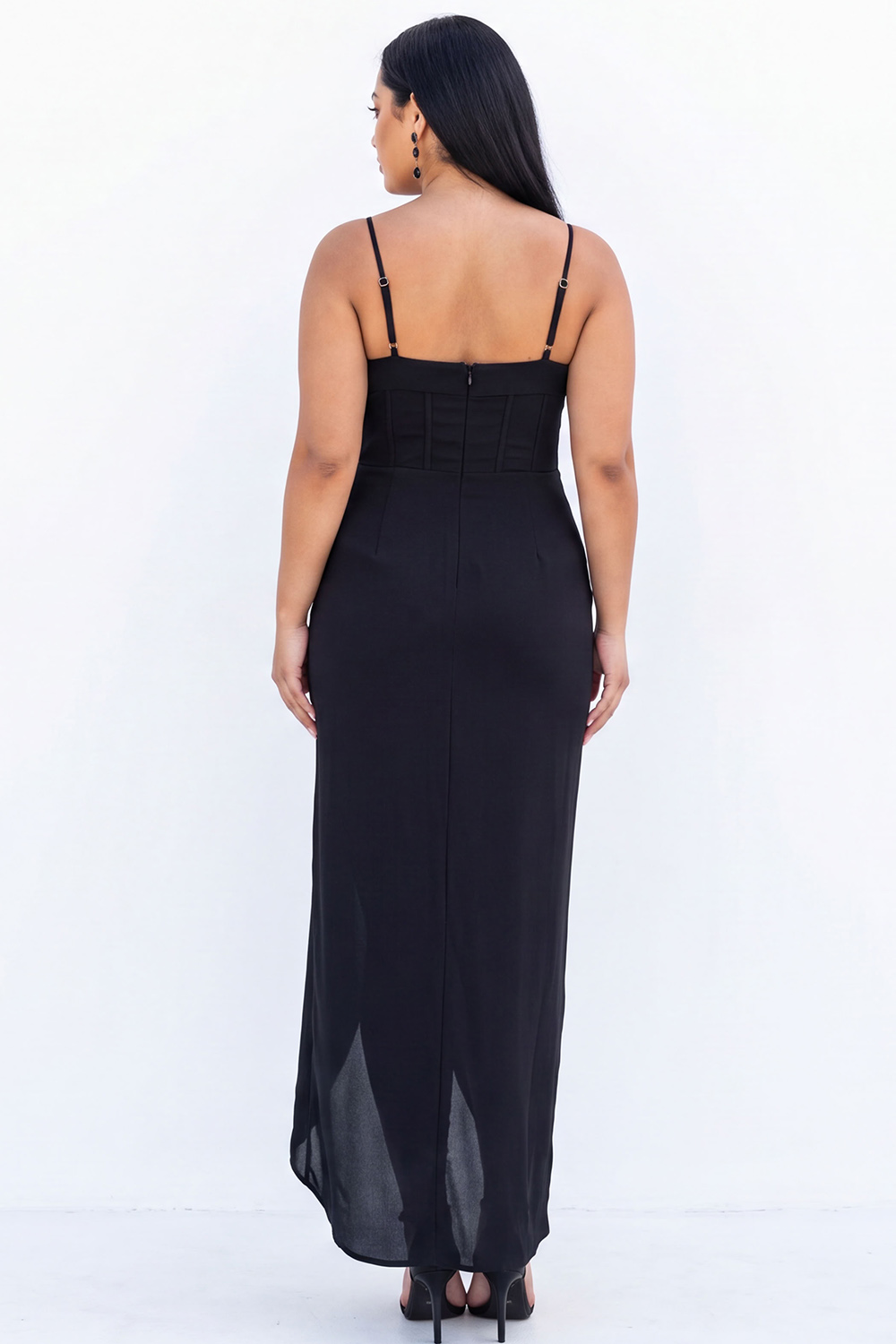 Black Corset Sheath Maxi Plus Size Formal Dress with Side Slit