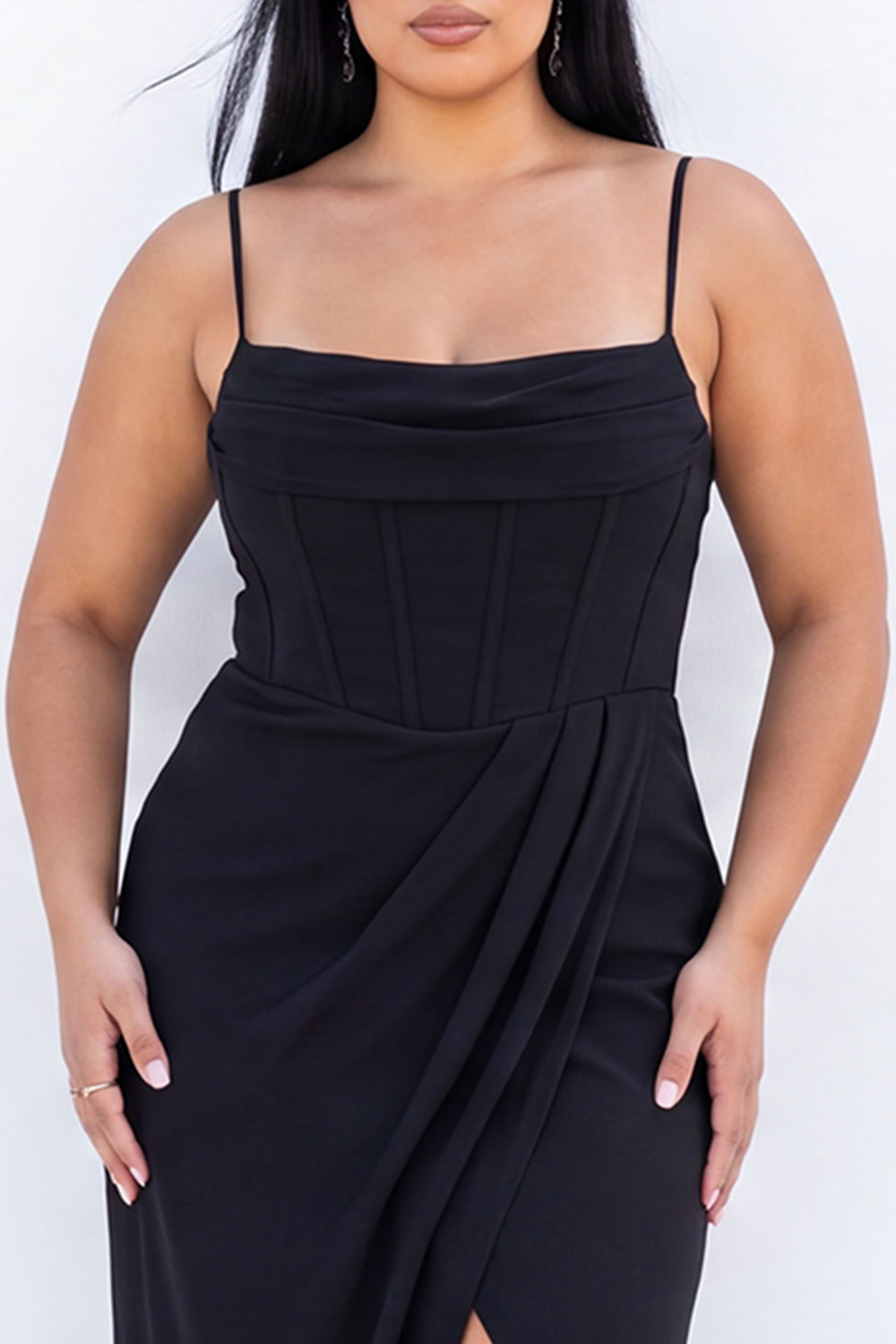 Black Corset Sheath Maxi Plus Size Formal Dress with Side Slit