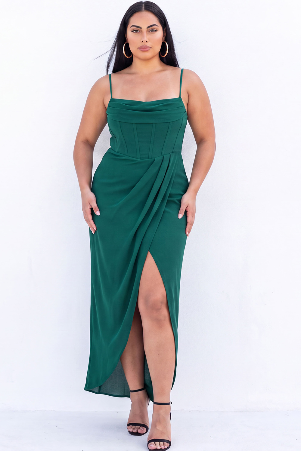 Black Corset Sheath Maxi Plus Size Formal Dress with Side Slit