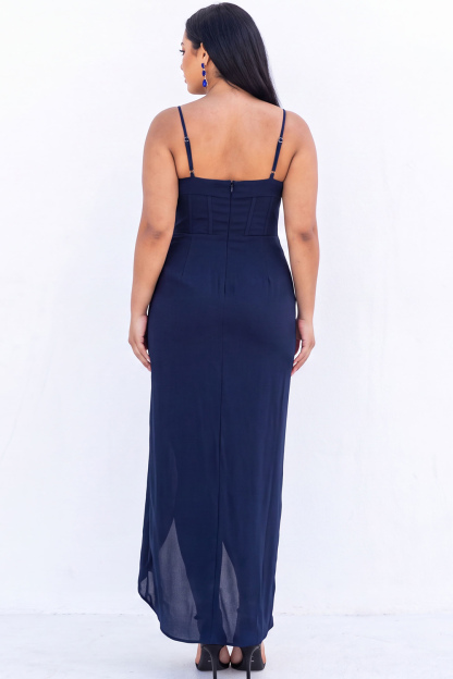 Black Corset Sheath Maxi Plus Size Formal Dress with Side Slit